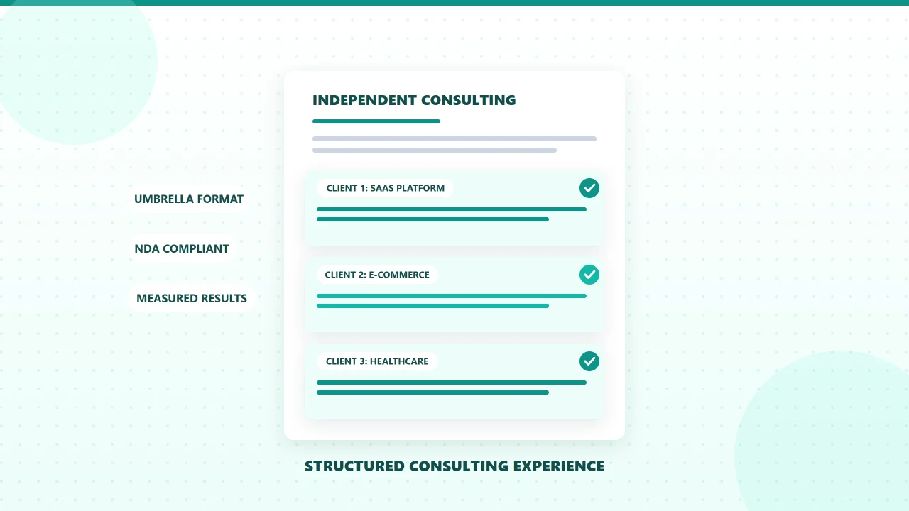 Illustration of an independent consulting resume layout with client project cards and verified outcome metrics