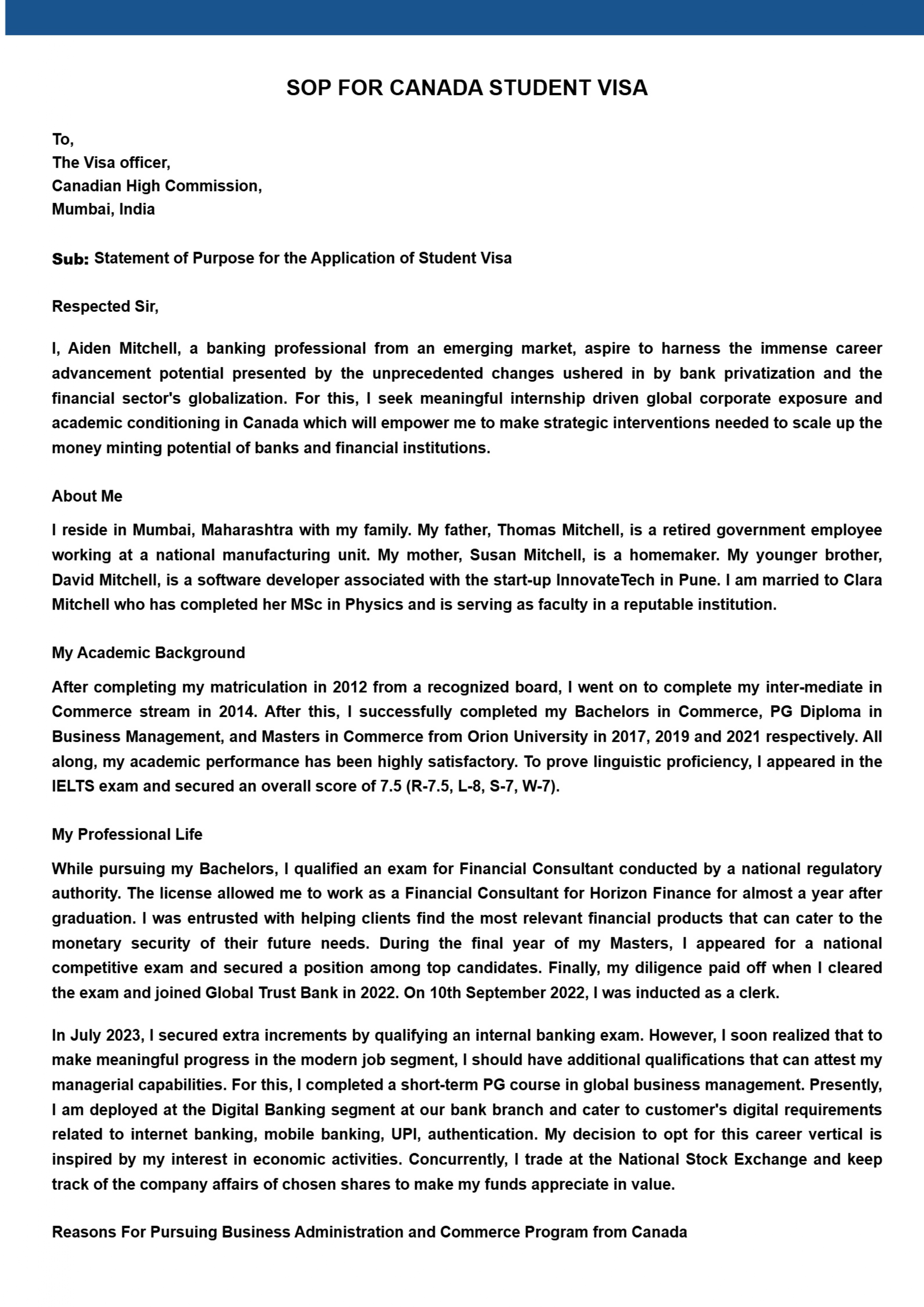 Canada Student Visa Statement of Purpose