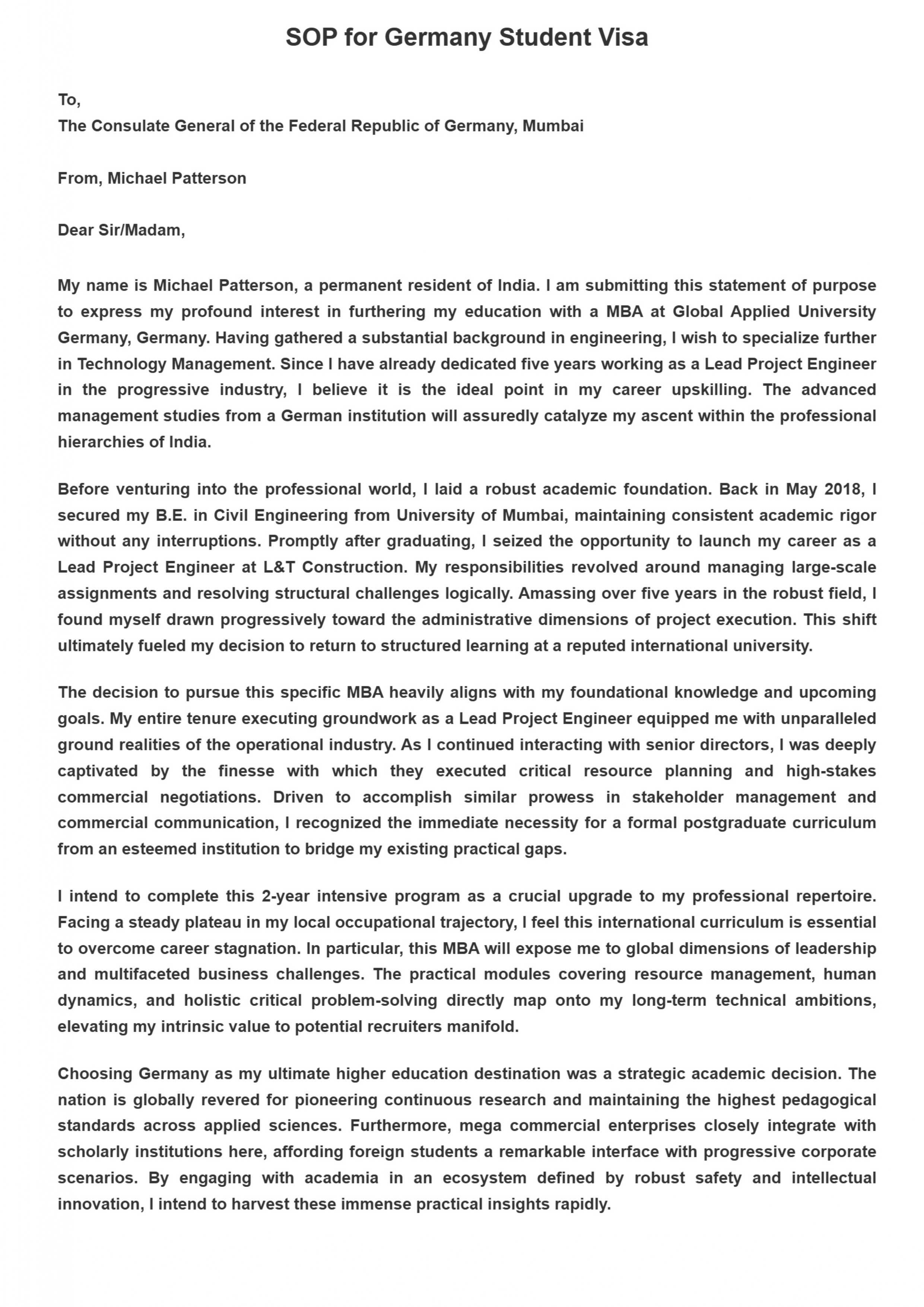 Germany Student Visa Statement of Purpose