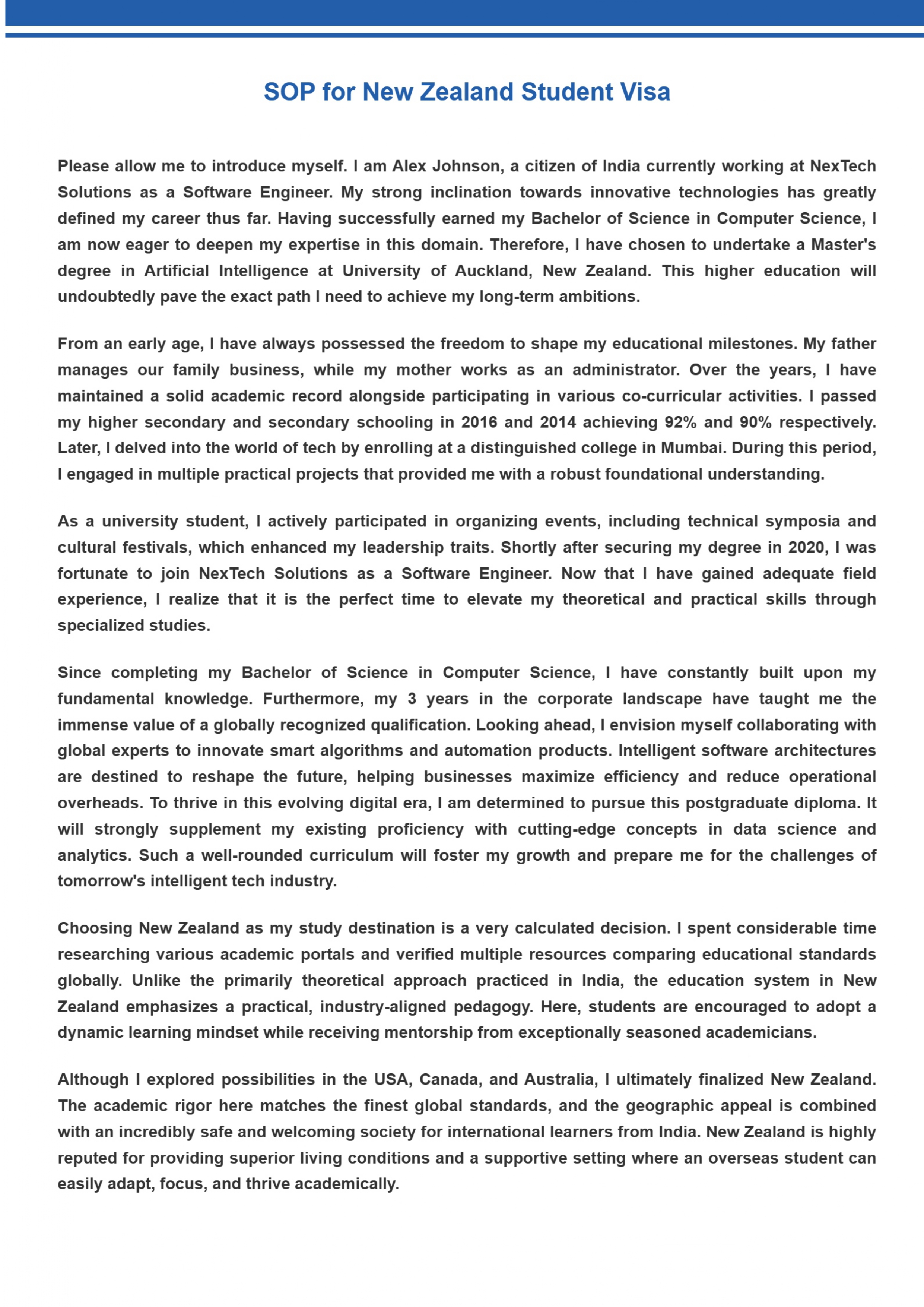 New Zealand Student Visa Statement of Purpose