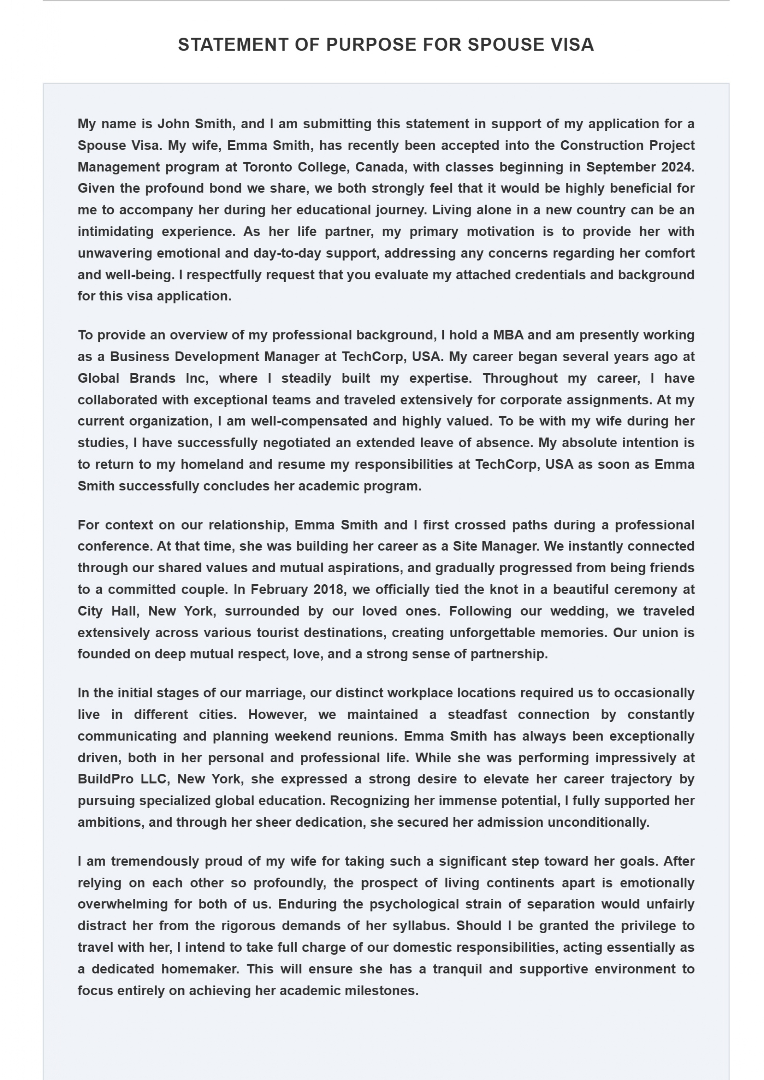 Spouse Visa Statement of Purpose