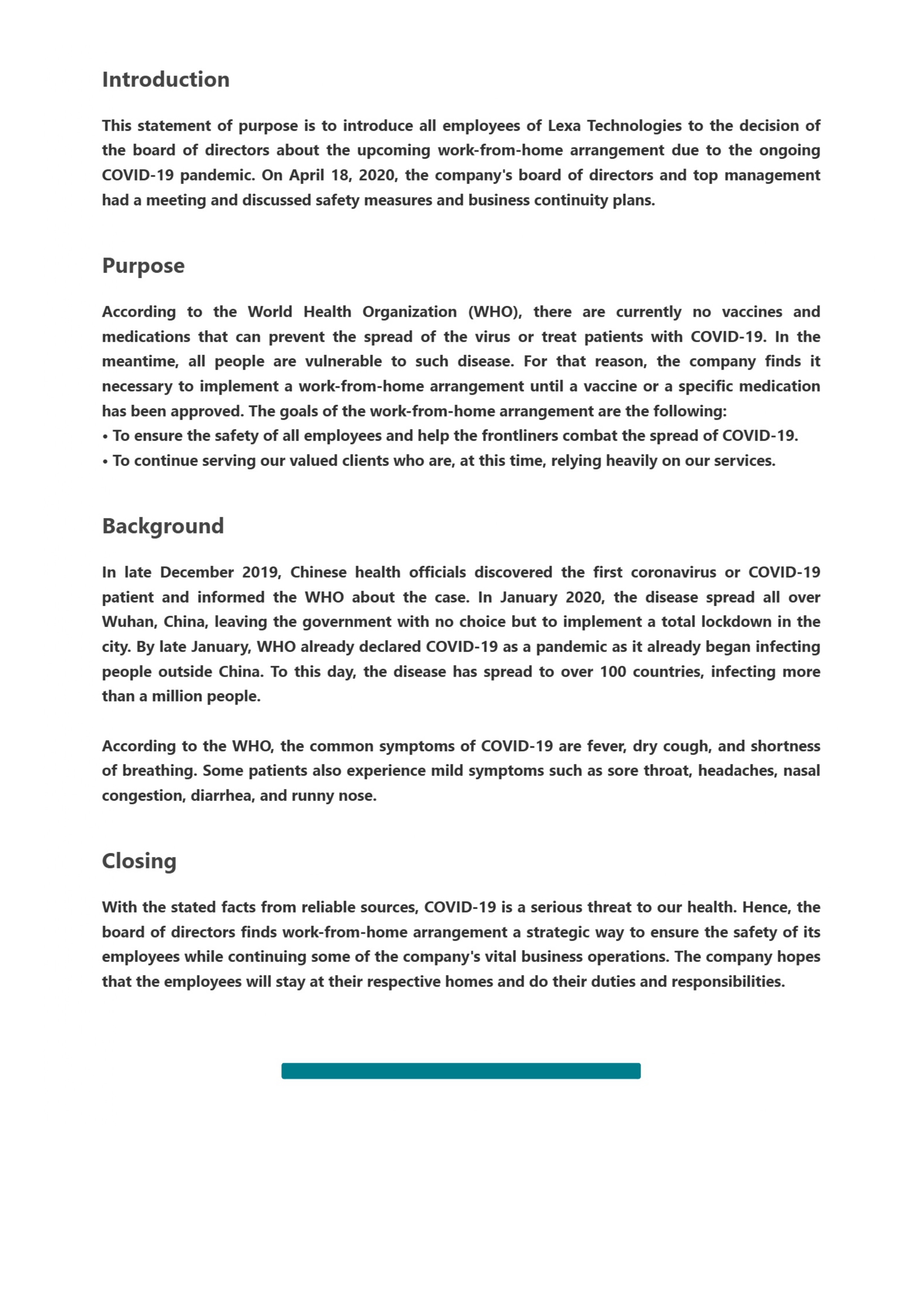 Work from Home Statement of Purpose